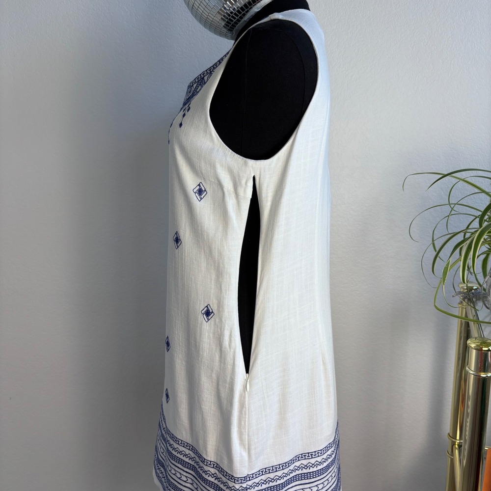 Soieblu Grecian Embroidered Cotton Linen Shift Mini Dress Size Small White Blue - Picture 5 of 15